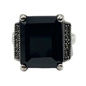 Sterling Silver Black‎ Garnet Melanite Marcasite Size 7.5 Ring Prong Set Chunky